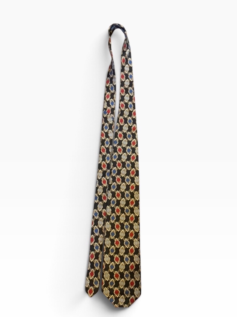 Gallery Collection Mens Silk Tie Black Chain Link Print Red Blue Vintage